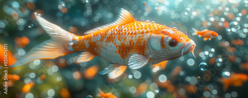 Vibrant orange koi fish swimming among bubbles underwater.