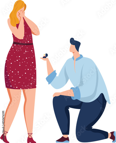 Man proposing marriage surprised woman, engagement ring, couple moment. Woman emotional reaction proposal, man kneeling, presenting ring, love. Illustration, proposal acceptance