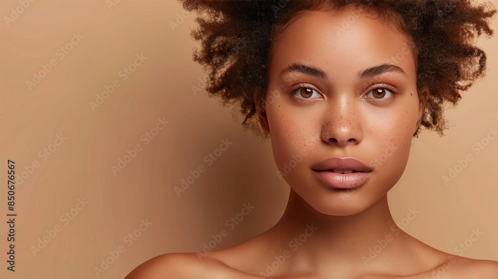 A young woman with flawless skin and a calm expression poses against a neutral beige background The available copy space emphasizes her natural beauty A young woman with flawless skin and a calm expression poses against a neutral beige background The available copy space emphasizes her natural beauty