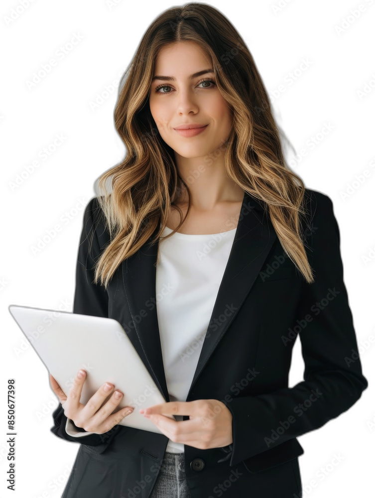 The PSD file shows a businesswoman holding a laptop with a smile and looking away on a transparency background The PSD file shows a businesswoman holding a laptop with a smile and looking away on a transparency background