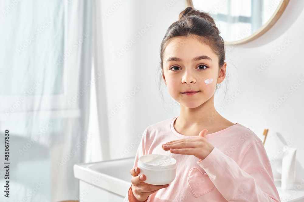 A young girl with dark hair holds a jar of cream in her hands, showcasing a skincare or beauty routine in a modern bathroom. A young girl with dark hair holds a jar of cream in her hands, showcasing a skincare or beauty routine in a modern bathroom.