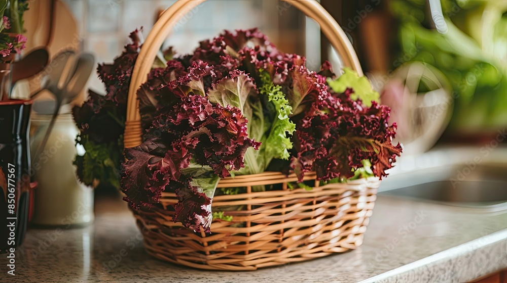 Fototapeta premium Freshly harvested red lettuce leaves in a wicker basket on a kitchen counter
