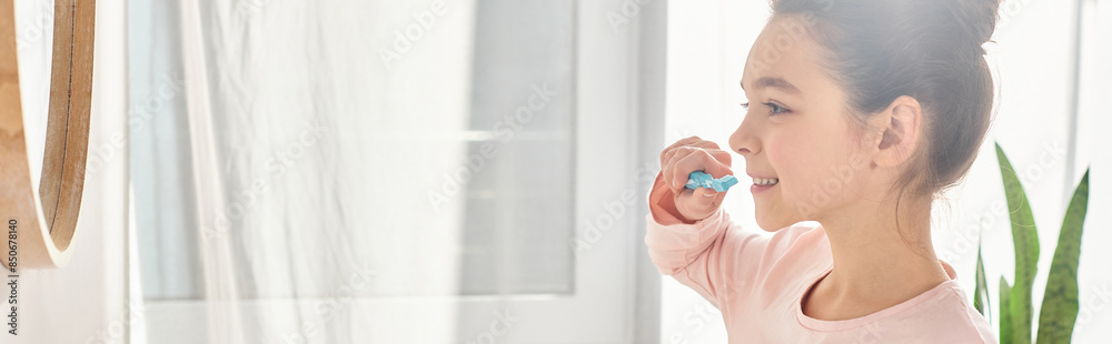A brunette girl brushes her teeth in front of a mirror in a modern bathroom. A brunette girl brushes her teeth in front of a mirror in a modern bathroom.