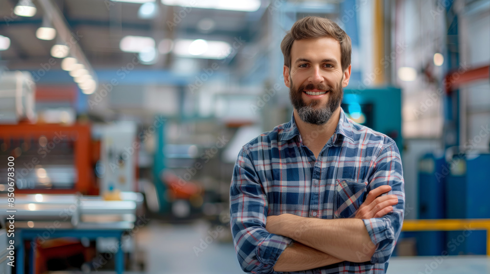 A happy technician in a high-tech manufacturing plant, standing proudly with crossed arms, with advanced machinery behind A happy technician in a high-tech manufacturing plant, standing proudly with crossed arms, with advanced machinery behind