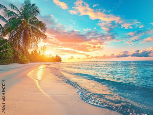 Beautiful sunset at a beach resort in the tropics, luxury tropical panorama beach background photo