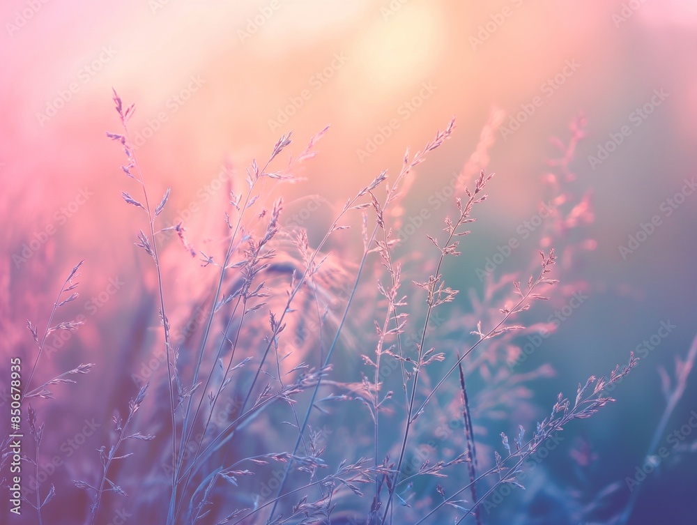 Wild grass in the field with sunbeams, forest at sunset, summer nature background