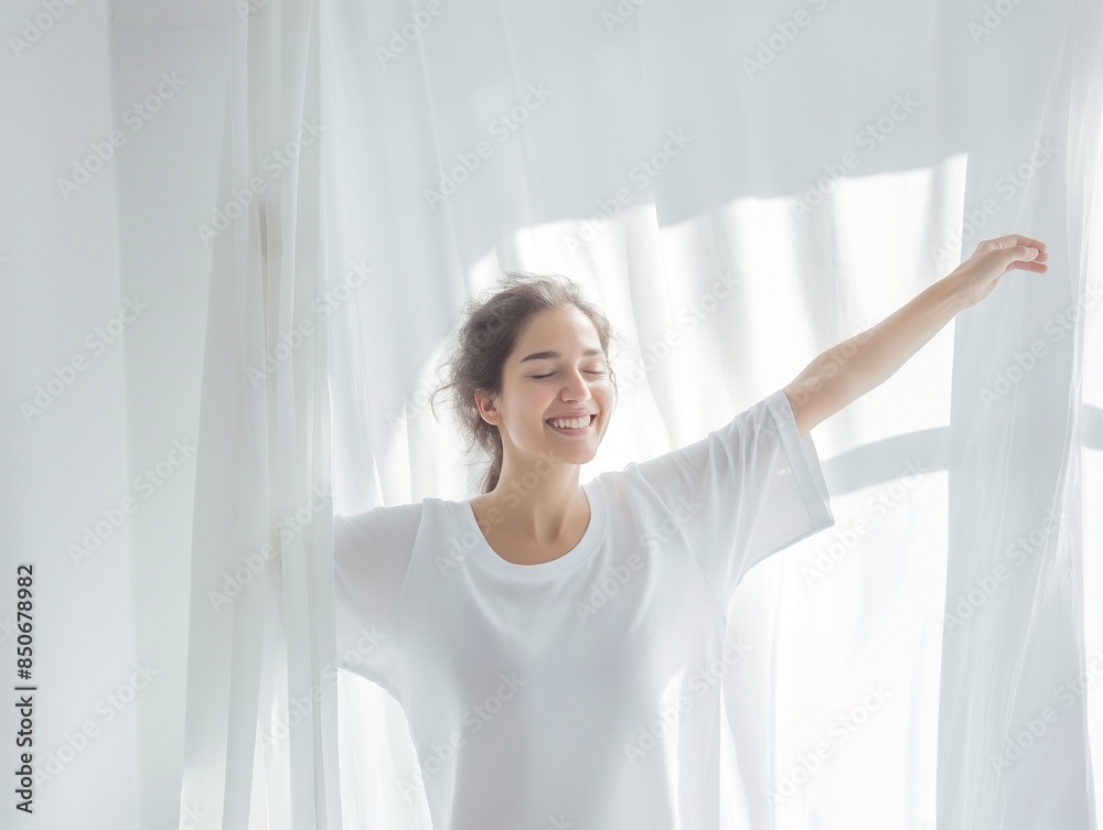 Happy young woman stretching in bed waking up alone happy concept, in cozy comfortable bedroom, enjoy good morning Happy young woman stretching in bed waking up alone happy concept, in cozy comfortable bedroom, enjoy good morning