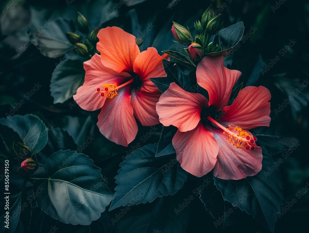 Hibiscus rosa sinensis, tropical evergreen plant with pink flowers and green leaves Hibiscus rosa sinensis, tropical evergreen plant with pink flowers and green leaves