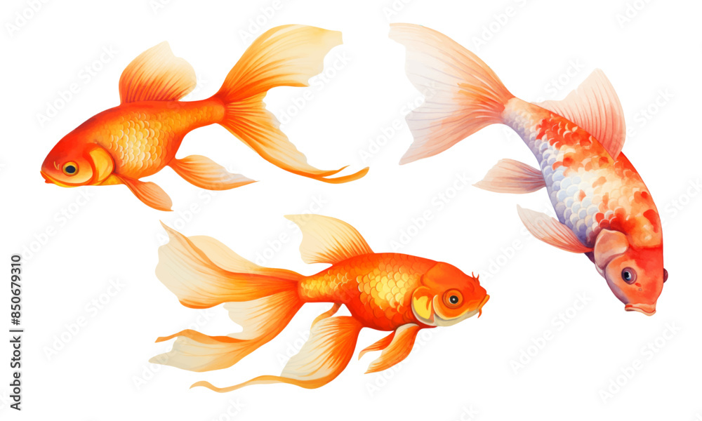 Golden fish Watercolor painting isolated. Watercolor hand painted cute animal illustrations. Gold fish isolated on white background
