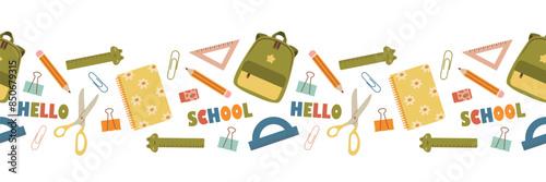 School seamless border. School stationery. Isolated vector illustration, banner, template