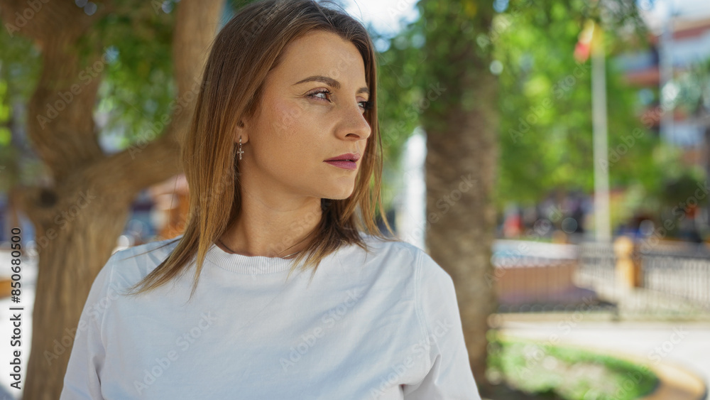 A beautiful young blonde woman in a white shirt stands outdoors in an urban park setting with trees and buildings in the background. A beautiful young blonde woman in a white shirt stands outdoors in an urban park setting with trees and buildings in the background.