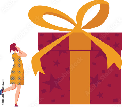 Surprised woman giant gift looking amazed enormous present. Excited female oversized surprise box stars pattern ribbon. Astonished lady polka dot dress huge wrapped gift standing