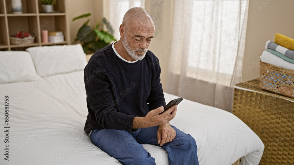 Bald senior man using smartphone in a well-lit bedroom, portraying a moment of technology interaction in everyday domestic life. Bald senior man using smartphone in a well-lit bedroom, portraying a moment of technology interaction in everyday domestic life.