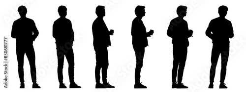 Vector concept conceptual black silhouette of a casually dressed men holding a cup in hand from different perspectives isolated on white background. A metaphor for taking a break, rest and relaxation