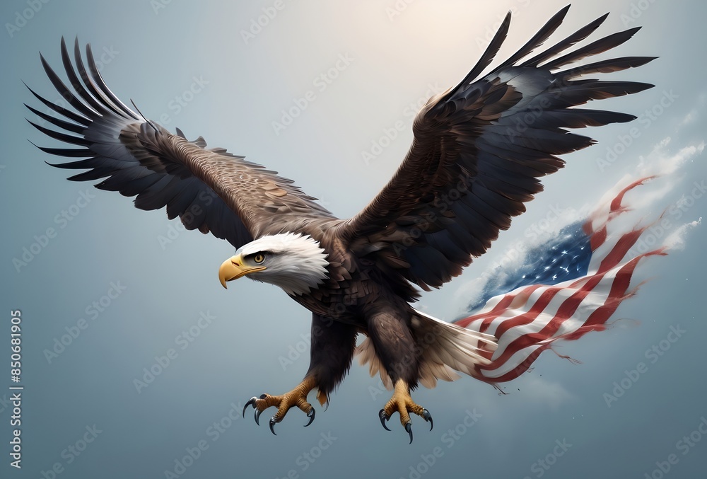 Fototapeta premium proud beautiful eagle and US flag, symbolizing strength and freedom.