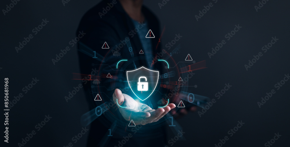 Cyber ​​security,data protection privacy, firewall security concept. man show protecting personal information with virtual screen interface on internet technology network connection.​Security Warning