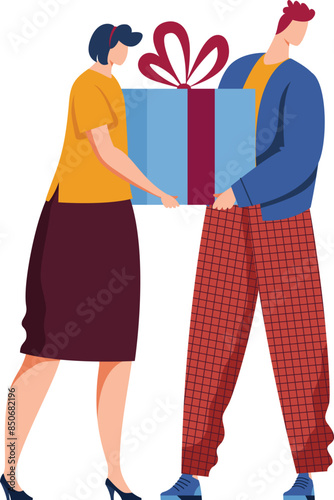 Two people holding large gift box bow. Woman man presenting surprise, festive occasion. Flat design vector, vibrant colors isolated white background