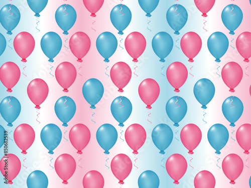 Seamless celebration pattern with pink and blue balloons for gender party on transparent background. Boy or girl. Know gender of unborn child. Happiness of parenthood. Baby Shower party decor.  