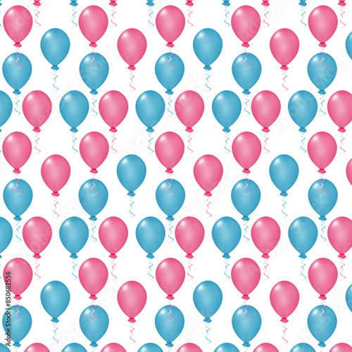 Seamless celebration pattern with pink and blue balloons for gender party on transparent background. Boy or girl. Know gender of unborn child. Happiness of parenthood. Baby Shower party decor.  