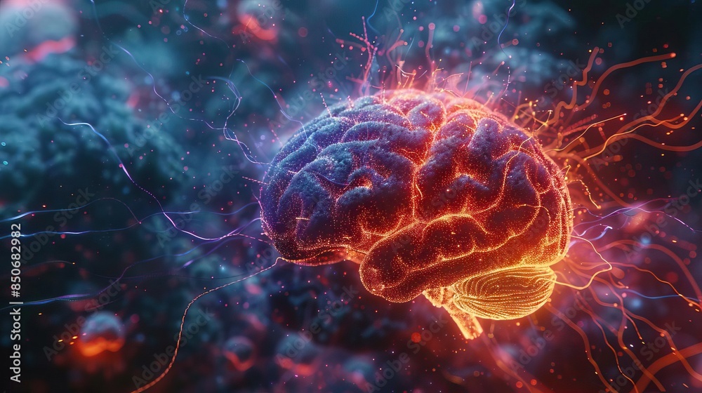 Closeup view of the human brain with visible neural pathways and electrical activity Closeup view of the human brain with visible neural pathways and electrical activity