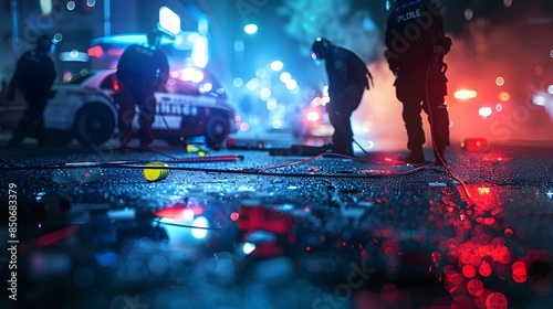 Police officers investigating a crime scene, collecting evidence under bright lights