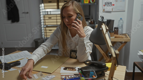 Bilde på lerret A focused woman detective in an office, surrounded by clues, talks on the phone, investigating a crime