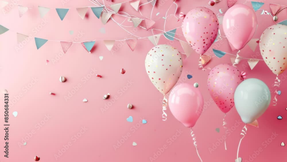 Pink festive birthday party background with balloons, confetti Party or birthday celebration copy space template Pink festive birthday party background with balloons, confetti Party or birthday celebration copy space template