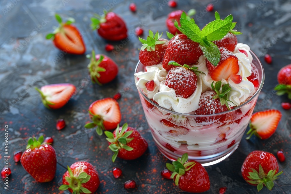 Tempting glass of strawberry dessert topped with whipped cream and fresh mint on a dark surface Tempting glass of strawberry dessert topped with whipped cream and fresh mint on a dark surface
