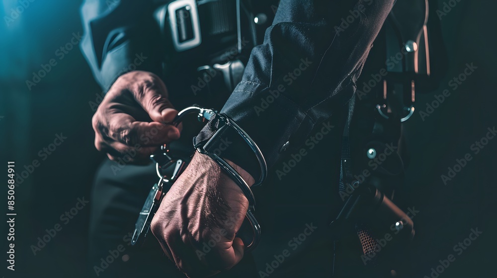 Police officer placing handcuffs on a suspect, demonstrating law ...