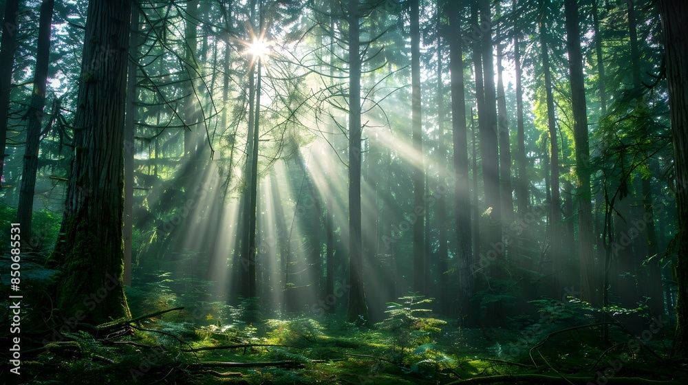 Fototapeta premium Sunbeams Through a Misty Forest