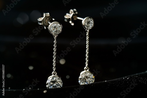 /imagine A pair of platinum earrings with dangling diamonds, displayed against a black velvet background, capturing the sparkle and brilliance of the stones in exquisite detail,