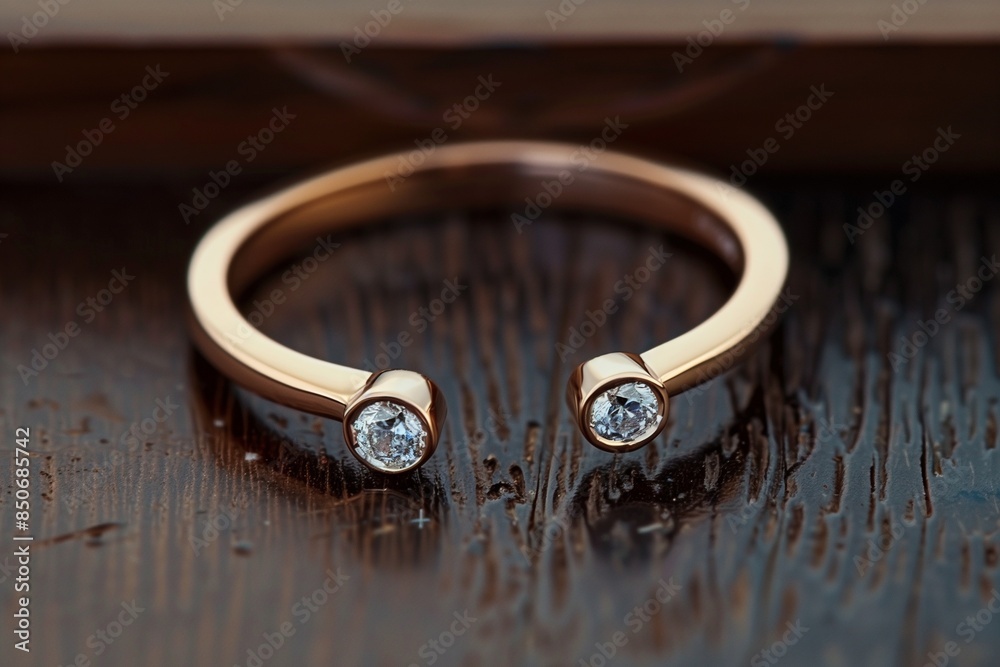 /imagine A rose gold ring with an open band design, featuring two small diamonds at each end, resting on a dark wood surface, the simplicity and elegance of the design clearly visible, /imagine A rose gold ring with an open band design, featuring two small diamonds at each end, resting on a dark wood surface, the simplicity and elegance of the design clearly visible,