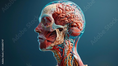 Detailed illustration of the human head and neck with an emphasis on the brain and cervical spine