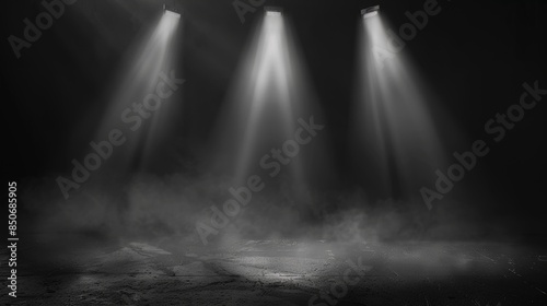 Spotlights Illuminate a Foggy Concrete Floor in a Dark Background