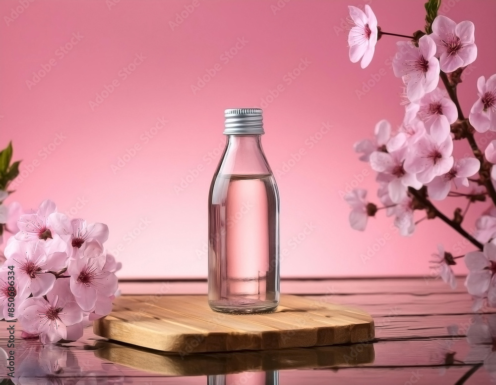 glass bottle in water on wooden platform with pink 
