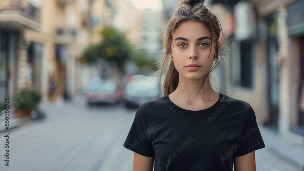 a young girl wearing a blank black t-shirt. - mockup. a young girl wearing a blank black t-shirt. - mockup.