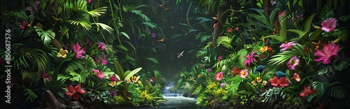 Dark rainforest sun rays through the trees and birds digital illustration. AI generated illustration. © Lytvyniuk