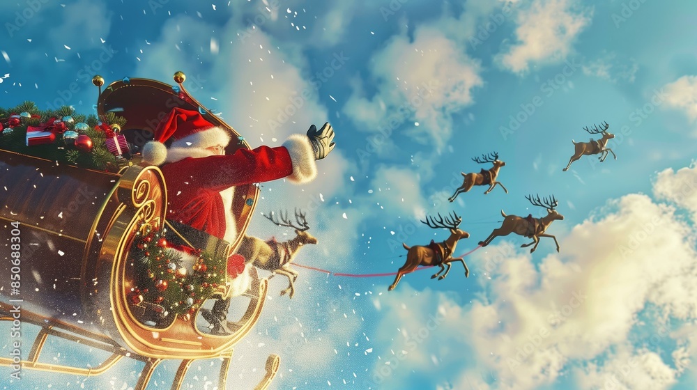 A festive scene where Santa Claus rides his sleigh through the sky, waving to onlookers with reindeer pulling the sleigh. The sky is bright and clear with elegant clouds overhead. A festive scene where Santa Claus rides his sleigh through the sky, waving to onlookers with reindeer pulling the sleigh. The sky is bright and clear with elegant clouds overhead.