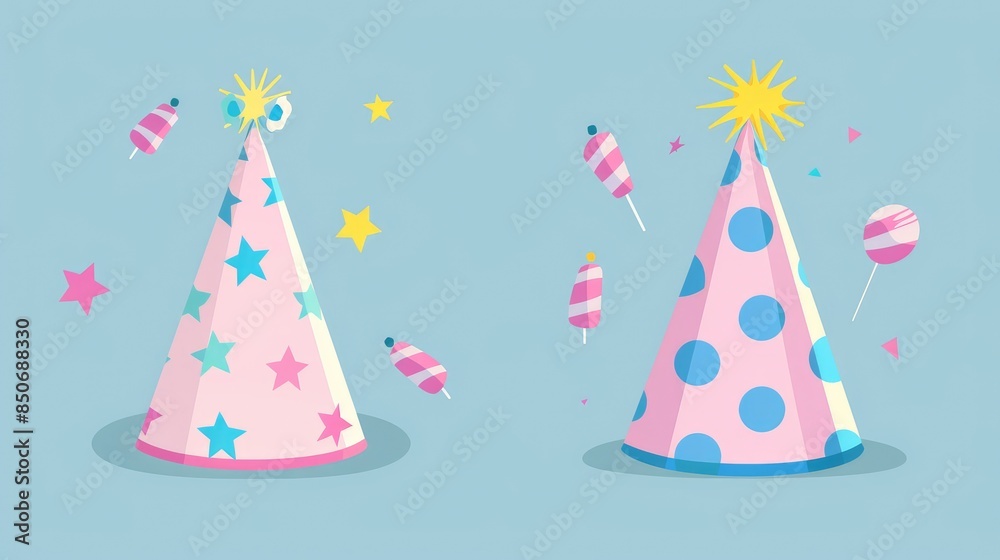 Birthday party hat flat design side view fun theme cartoon drawing Split-complementary color scheme. Birthday party hat flat design side view fun theme cartoon drawing Split-complementary color scheme.