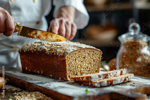 Baker Slicing Freshly Baked Oat Bread on Wooden Cutting Board photo