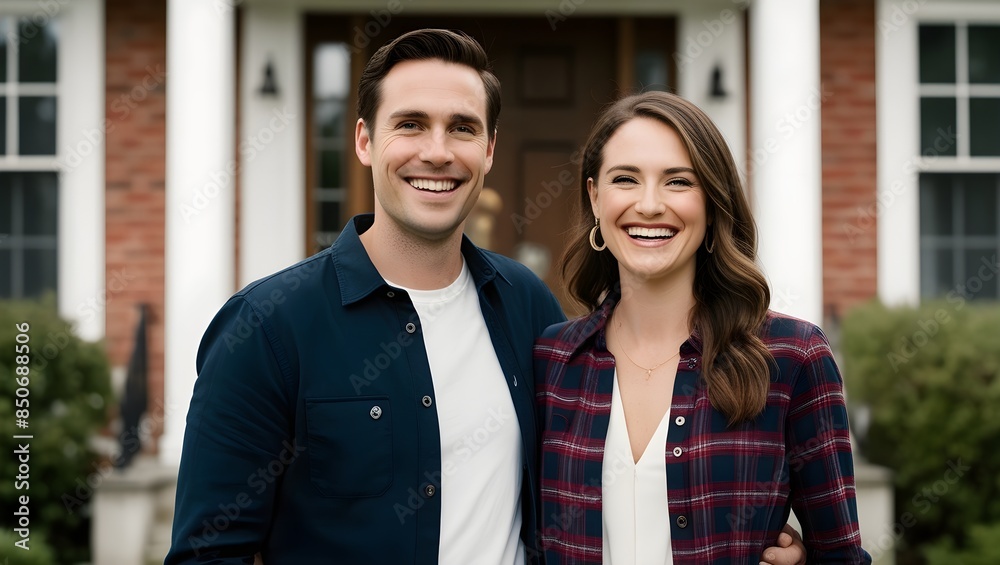 portrait of smiling happy couple in front of house portrait of smiling happy couple in front of house