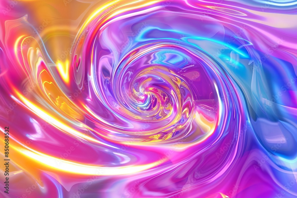 Obraz premium Iridescent rainbow fluid spirals, neon colors, holographic effect, glossy finish, seamless loop