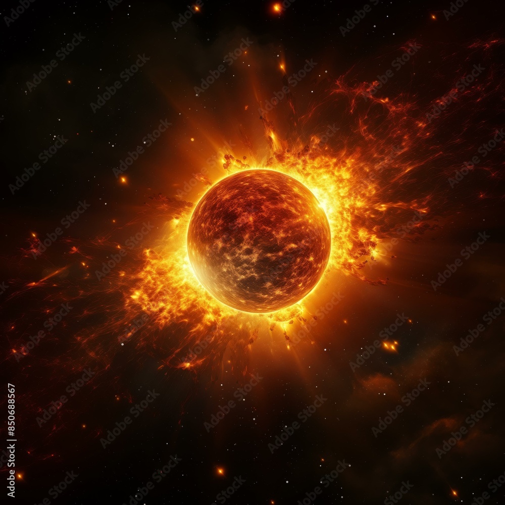 A dynamic celestial scene depicts a solar explosion with vibrant flares and fiery plasma escaping from the sun's surface, A dynamic celestial scene depicts a solar explosion with vibrant flares and fiery plasma escaping from the sun's surface,