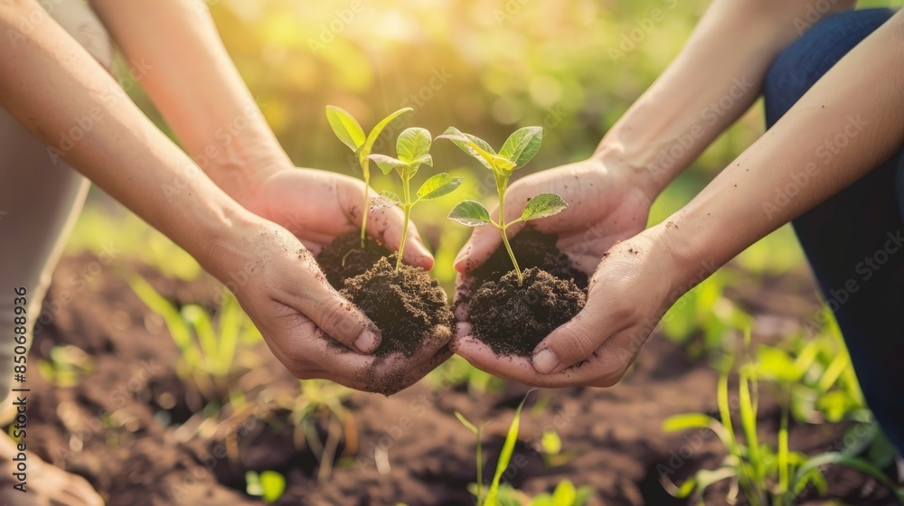Fototapeta premium Protecting Our Future: Two Hands Hold Young Saplings