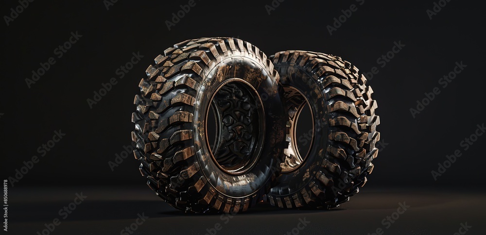 Obraz premium Two car tires on a black background