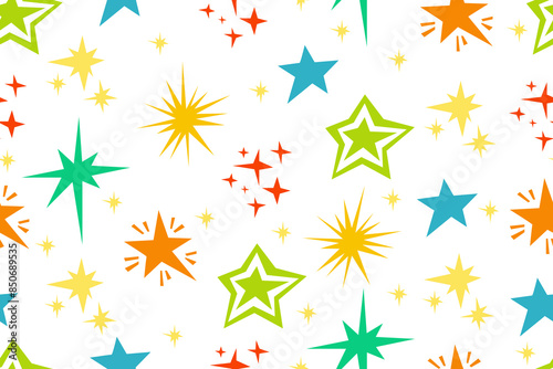 Colorful and various stars on  white background. Seamless pattern. Cut out stars and groups of stars in quirky shapes. Children's pattern. Vector illustration.
