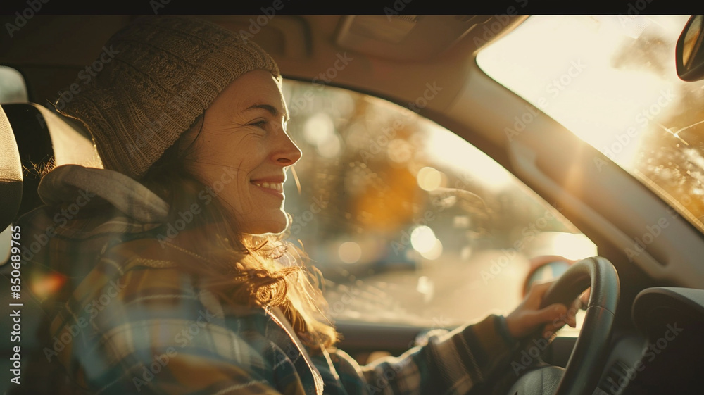 Fototapeta premium A young woman drives happily on a vacation.
