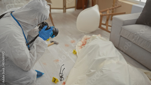 Cuadro en lienzo A man in protective forensic gear photographs evidence at a house crime scene, with bloody footprints and a body outline on the floor