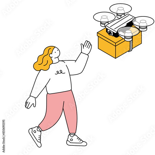 ドローンで配達された荷物を受け取る女性のイラスト
