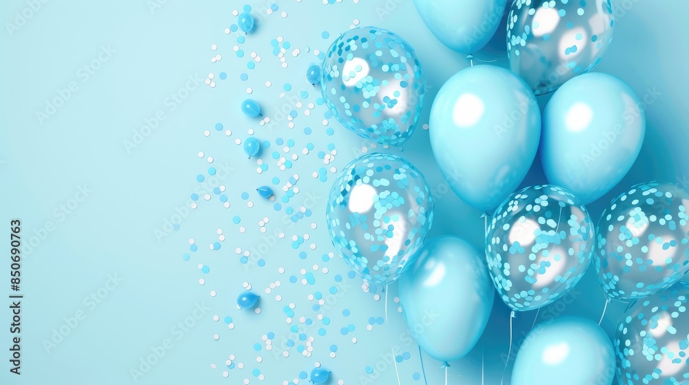 Celebration banner with light blue confetti and balloons Celebration banner with light blue confetti and balloons